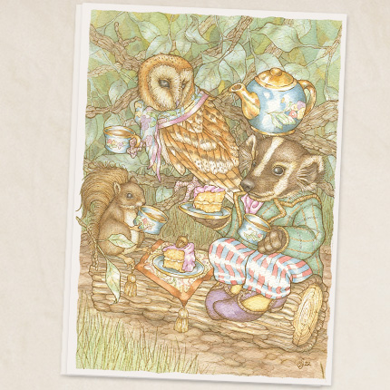 Afternoon tea with squirrel badger and owl